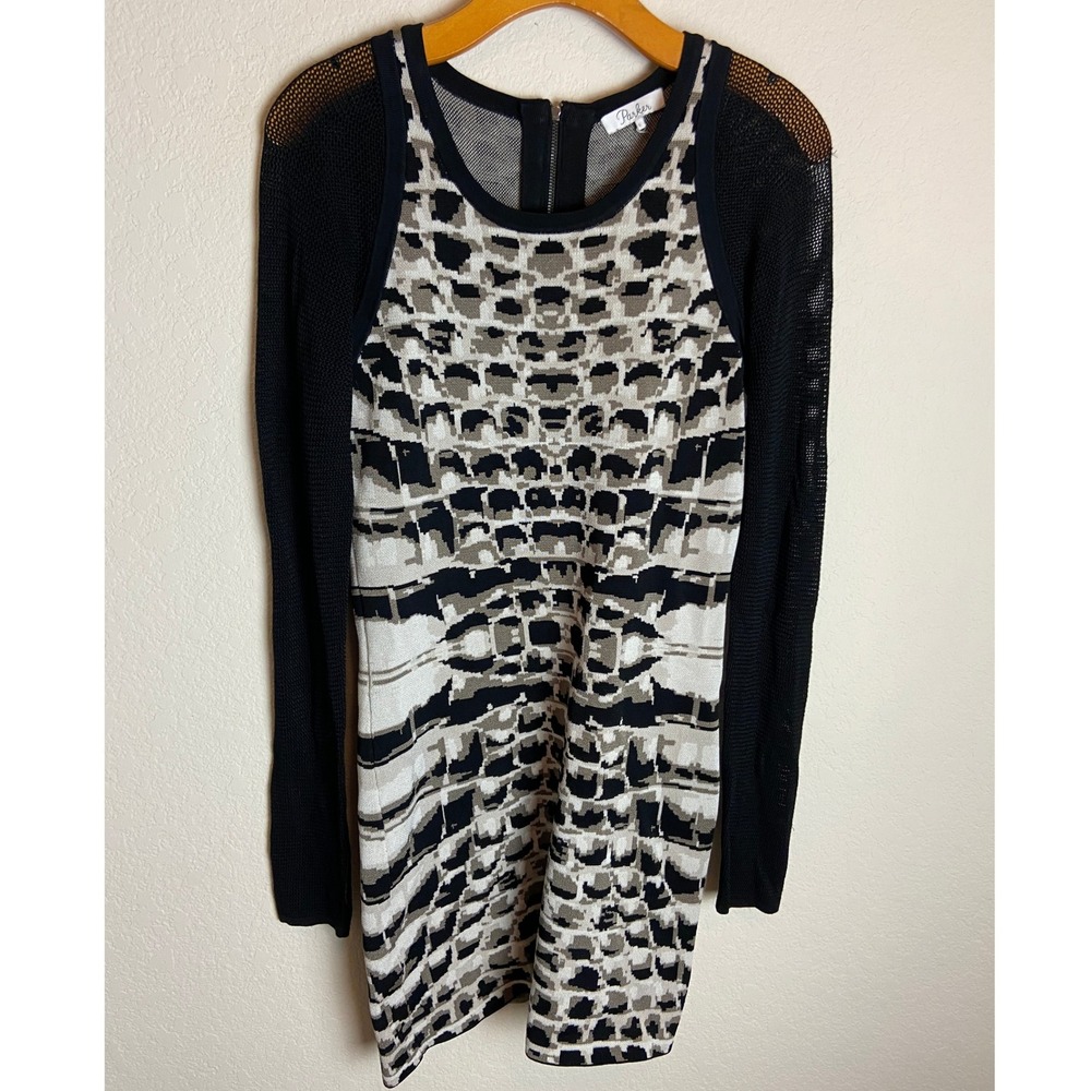 Parker Dress Womens L Long Sleeve Hartley Knit Mesh Sheath Black Beige Modern